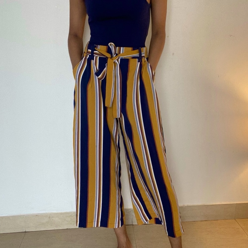 Zara Culotte wide leg trousers, mustard Yellow with navy brown white stripes - Picture 1 of 6